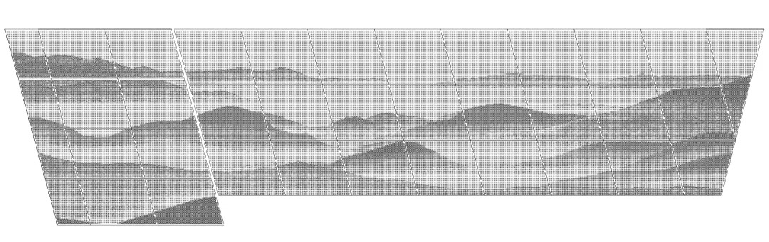 穿孔铝板描绘出的群山形象◎幻彩铝板不同光影条件下的显色穿孔取值